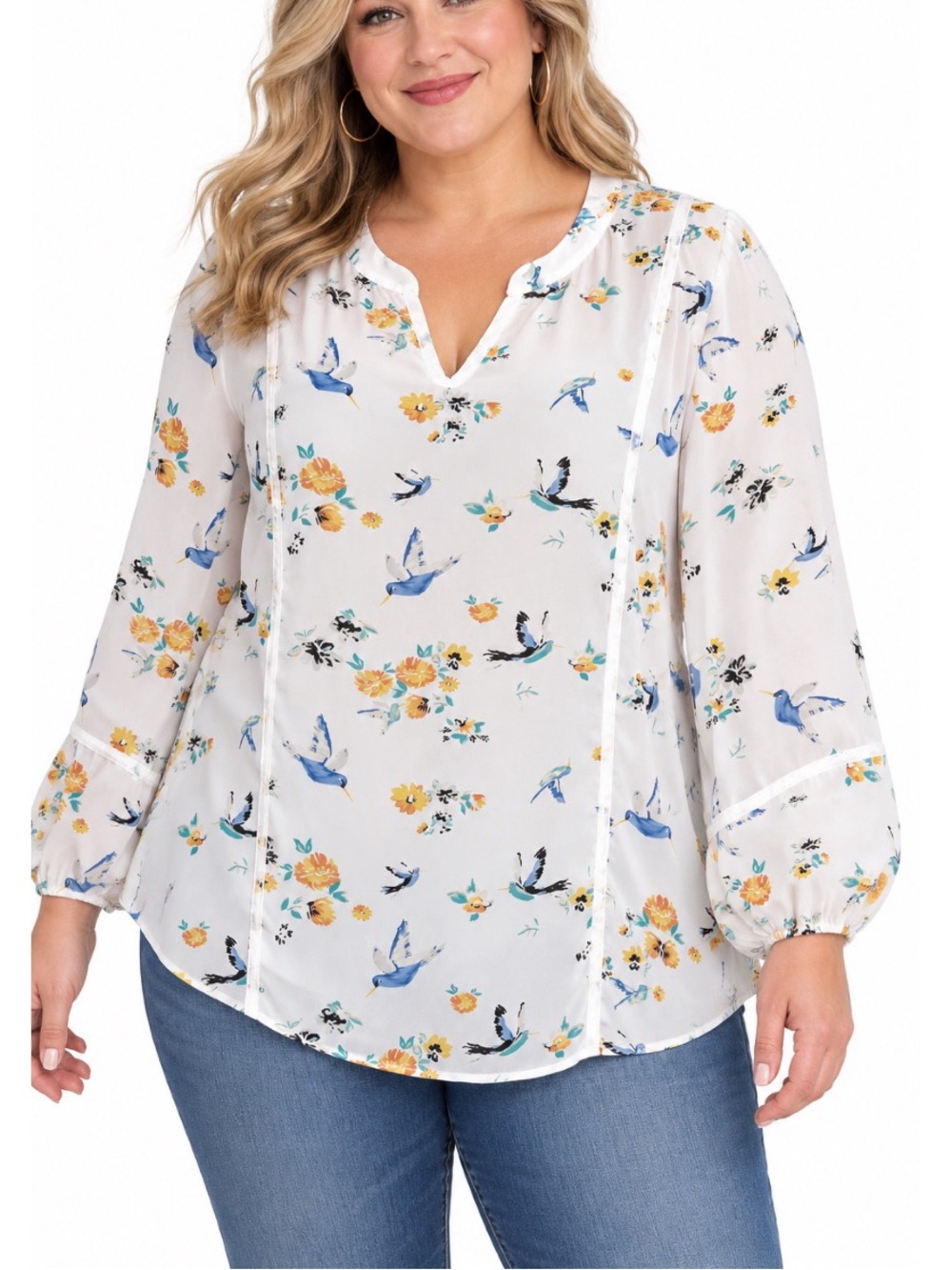 Marybelle floral and bird print blouse in a lightweight, ivory/white fabric